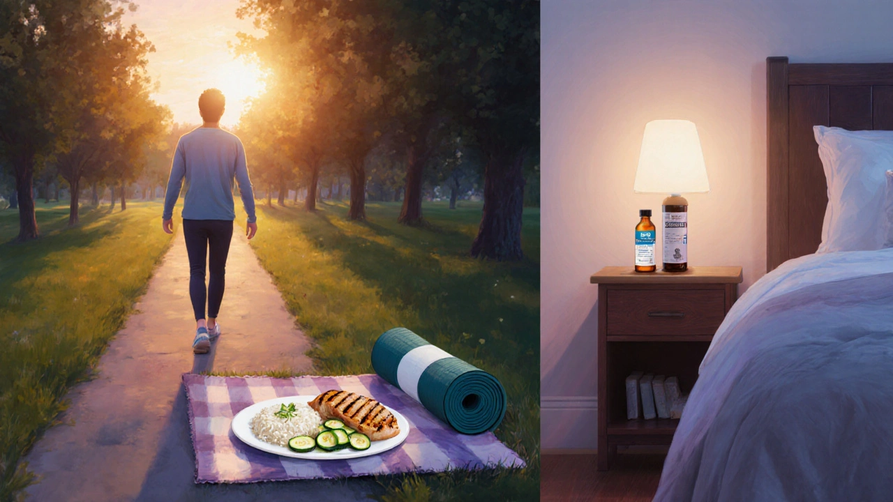A relaxed evening scene with low‑FODMAP meal, walking in a park, yoga mat, and probiotic bottle.