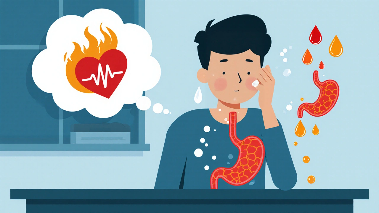 Anxious person at a desk with thought bubble of heartburn flame and hormone icons near stomach.