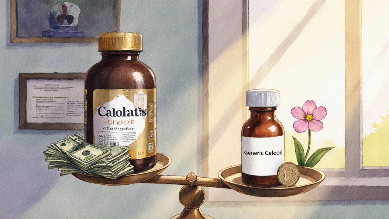 Balanced scale with brand Celebrex and cash on one side, generic celecoxib, a coin, and a spring flower on the other.