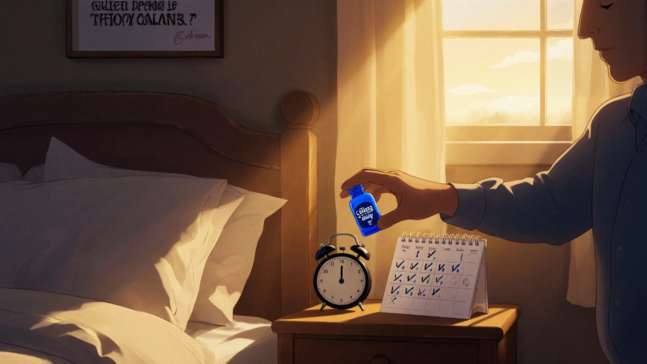 Bedroom with sunrise light, man placing a daily Cialis bottle on nightstand.