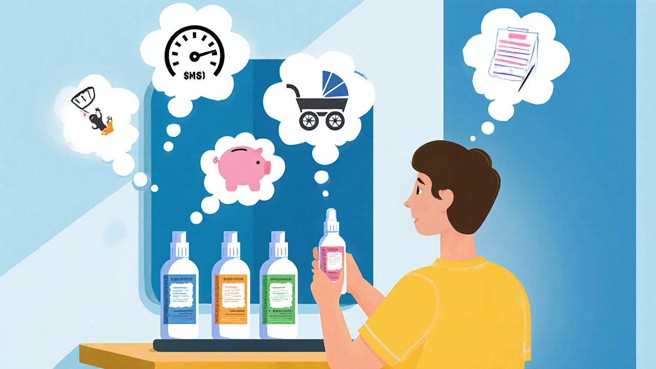 Cartoon person choosing a nasal spray, surrounded by icons for speed, cost, kids, and prescription.