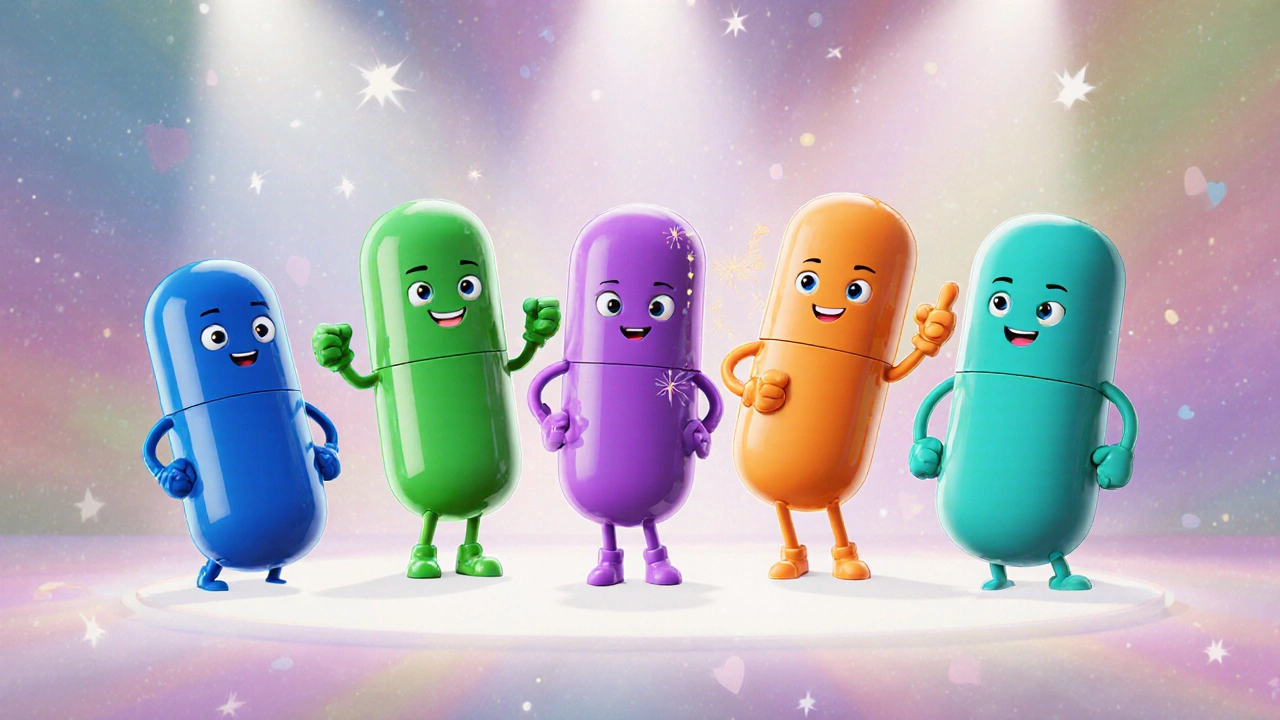 Cartoon pill characters lined up, each representing a different ED drug.