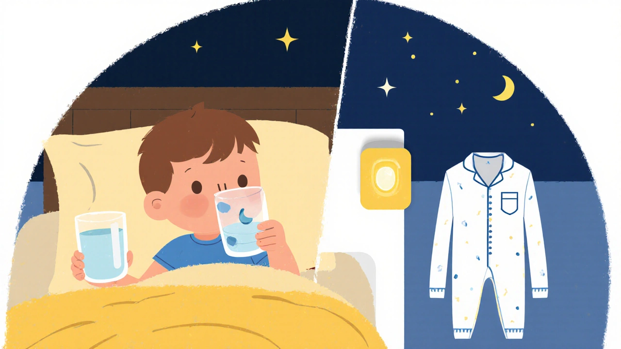 Child taking tablet with enuresis alarm sensor on pajamas beside bed.