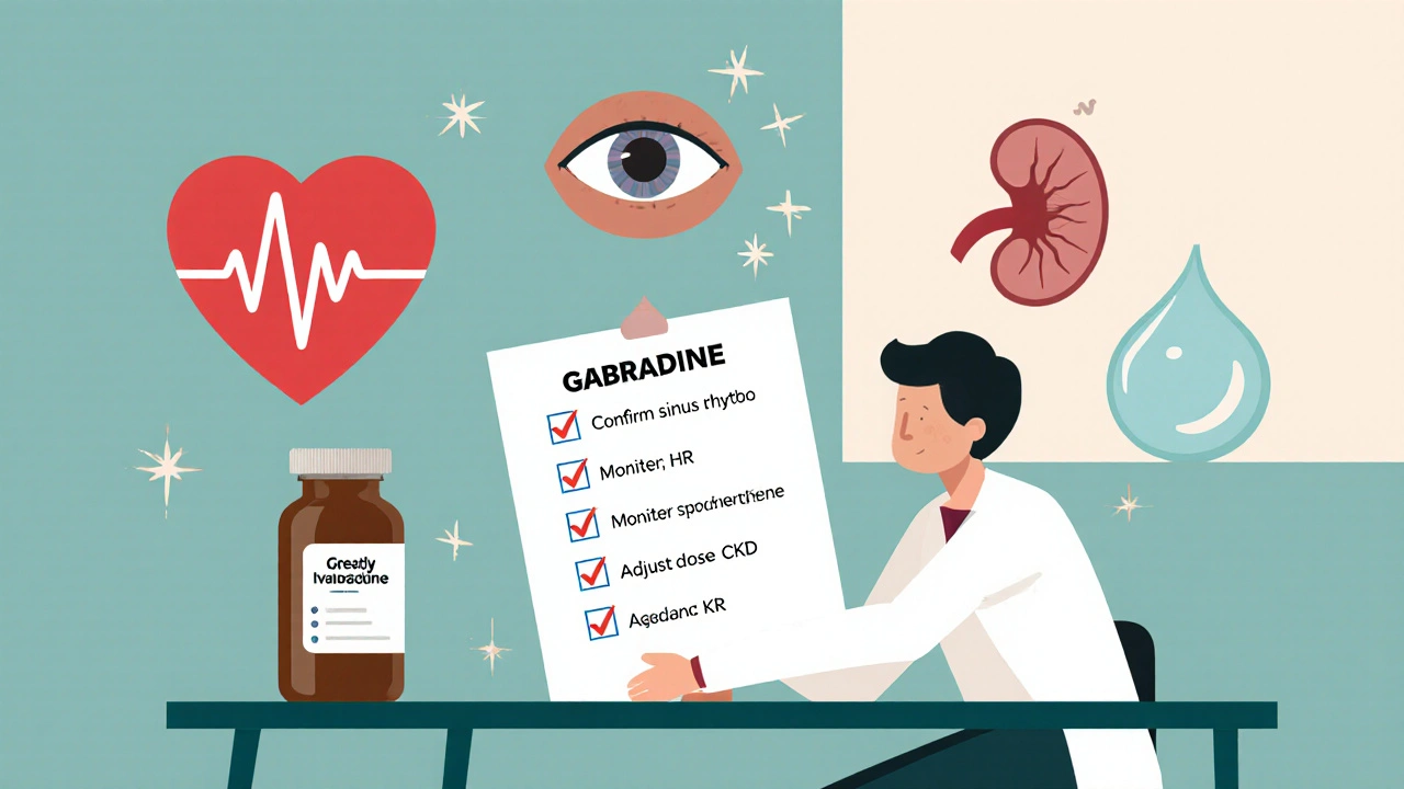 Clinician reviewing ivabradine treatment checklist with heart, kidney, and eye icons.