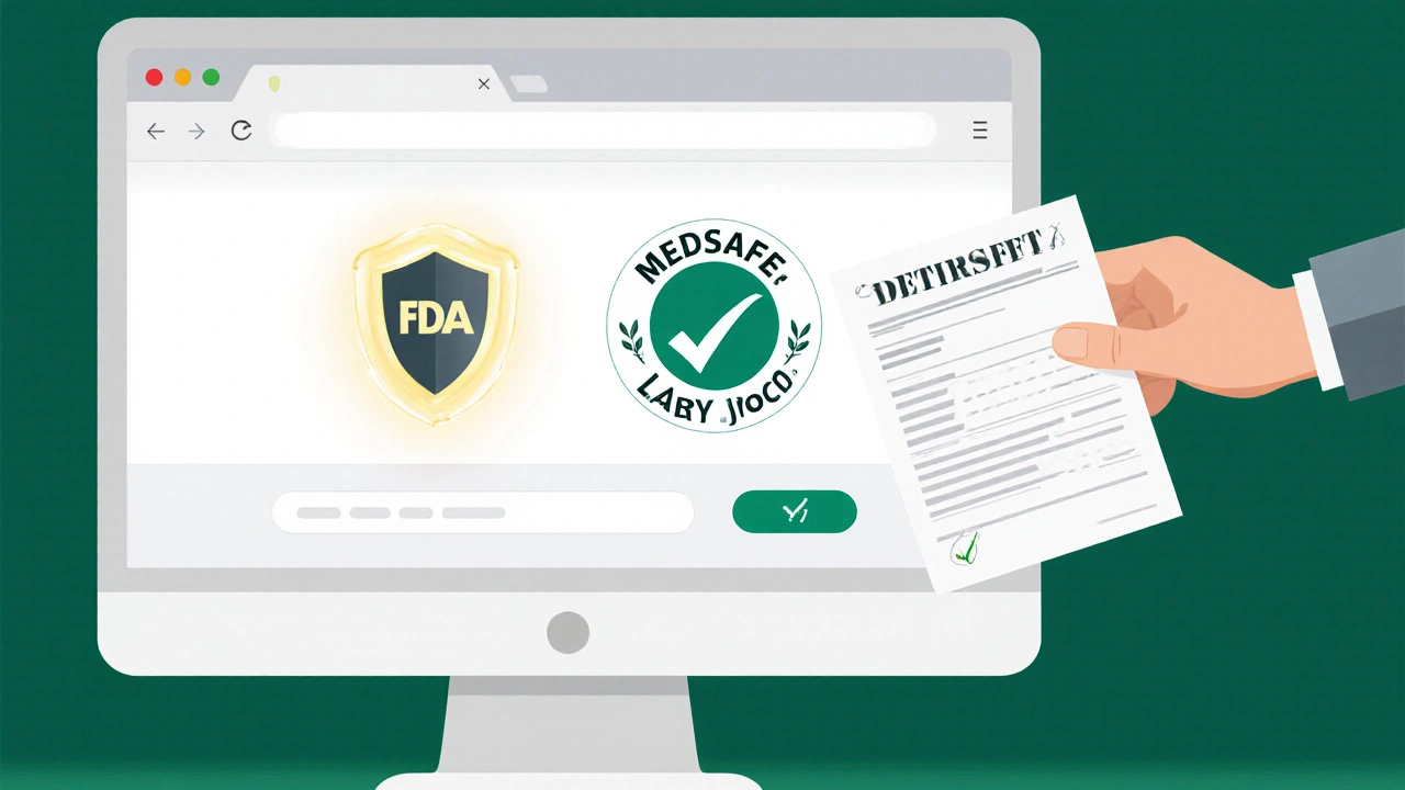 Computer screen showing verified pharmacy icons with a hand holding a prescription document.