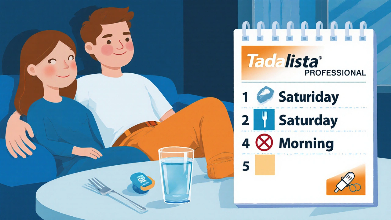 Couple on couch with pill, water glass, and weekend calendar highlights.
