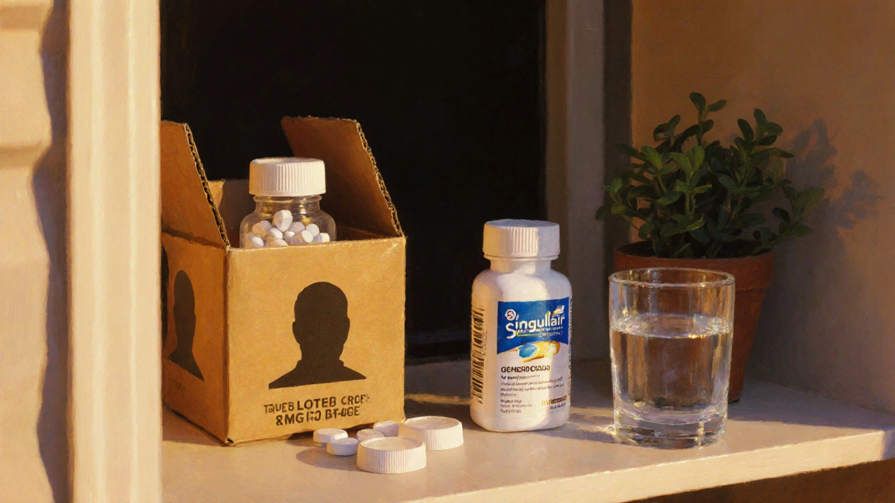 Delivery box on a doorstep revealing a bottle of generic Singulair tablets in warm sunrise light.