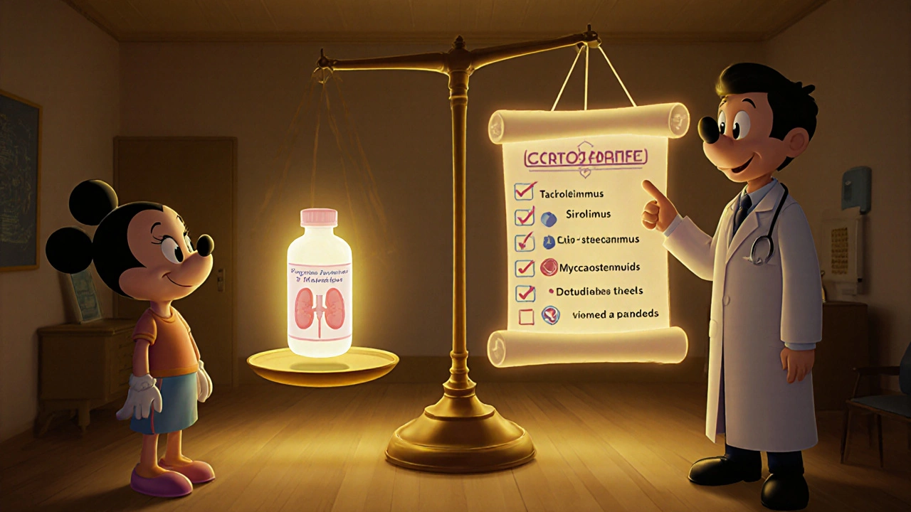 Disney cartoon of patient and doctor with a glowing decision board comparing drugs.