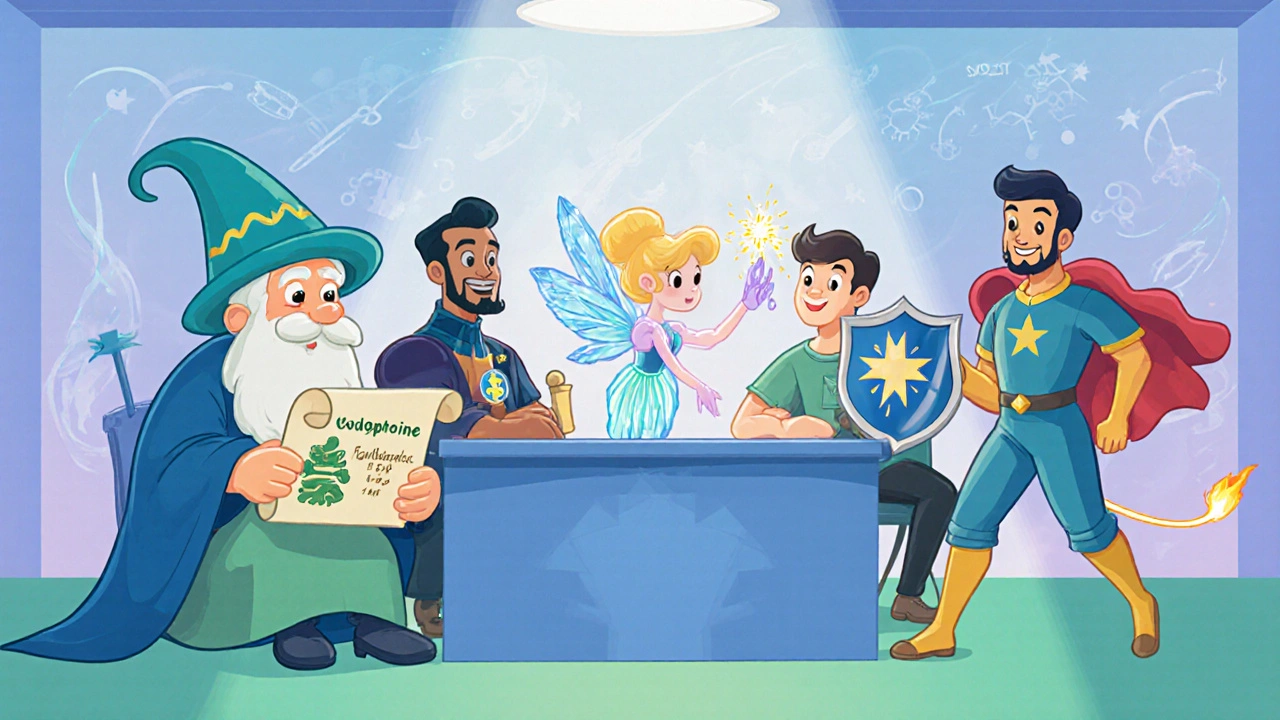Disney illustration of drug characters representing mechanisms at a magic table.