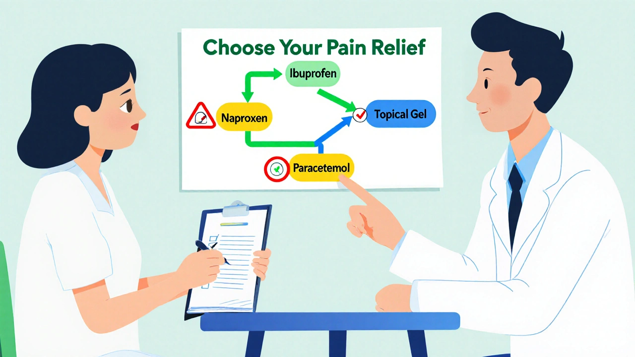 Doctor and patient reviewing a colorful pain relief choice flowchart
