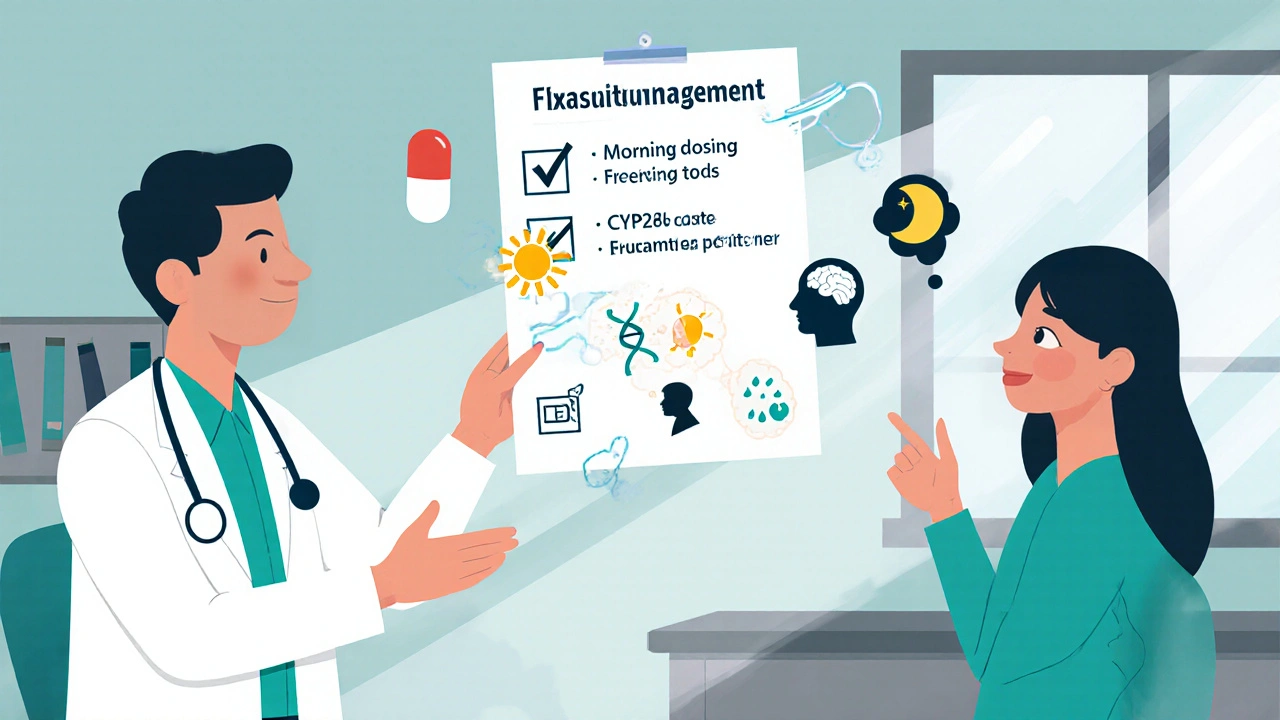 Doctor and patient reviewing fluoxetine management icons for dosing, testing, and special groups.