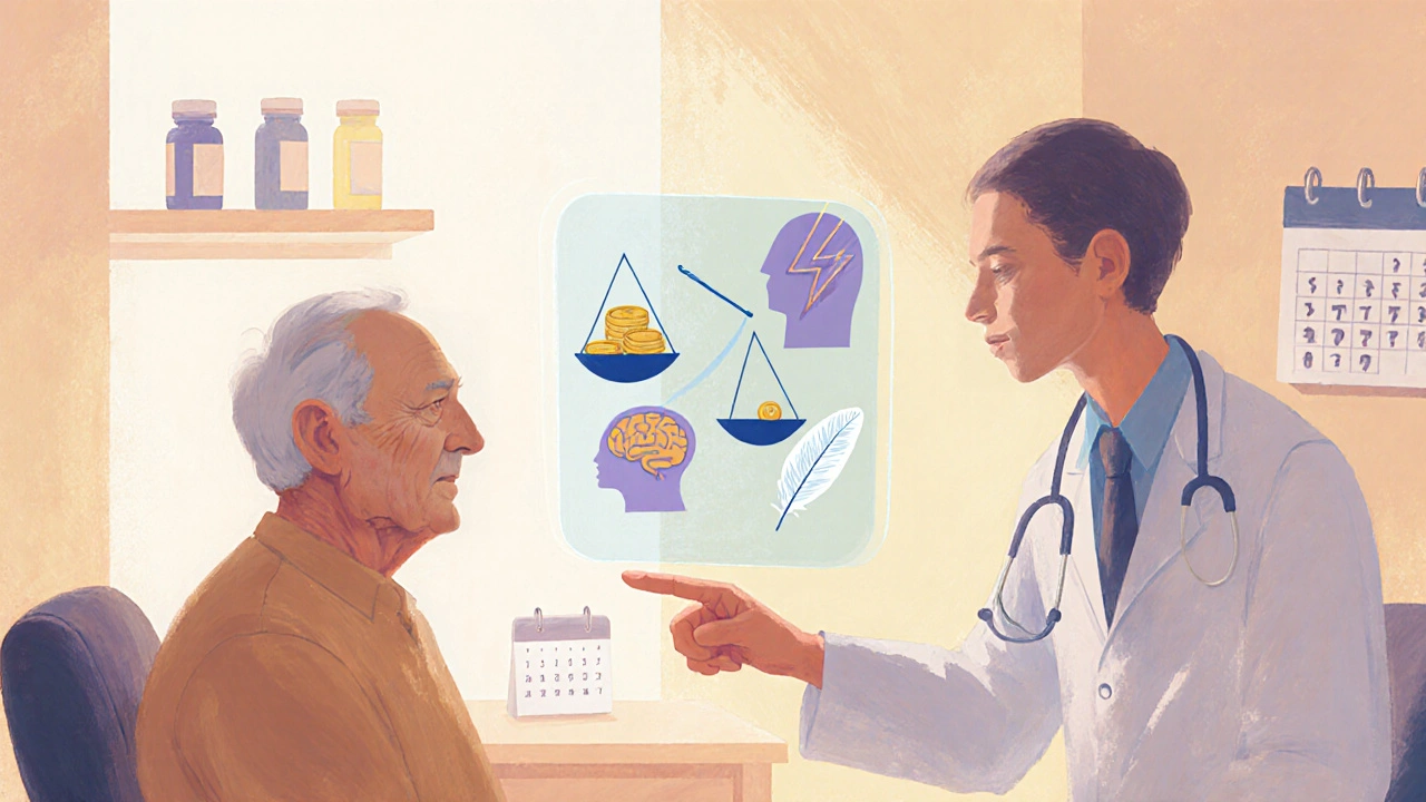 Doctor and senior patient discussing medication choices with symbolic balance icons.
