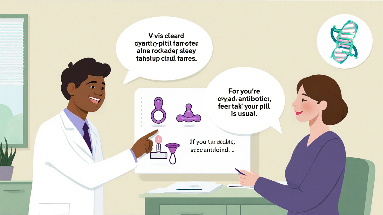 Doctor counseling patient with a chart explaining when backup contraception is needed.