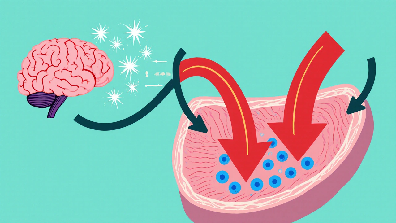 Flat diagram showing brain sending nitric oxide to penis, causing blood flow and muscle relaxation.