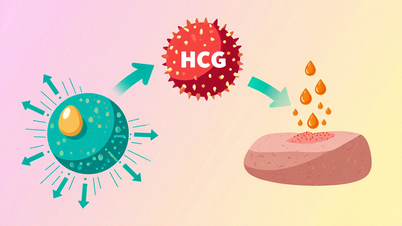 HCG molecule binding to ovarian and fat cells releasing an egg and fatty acids.