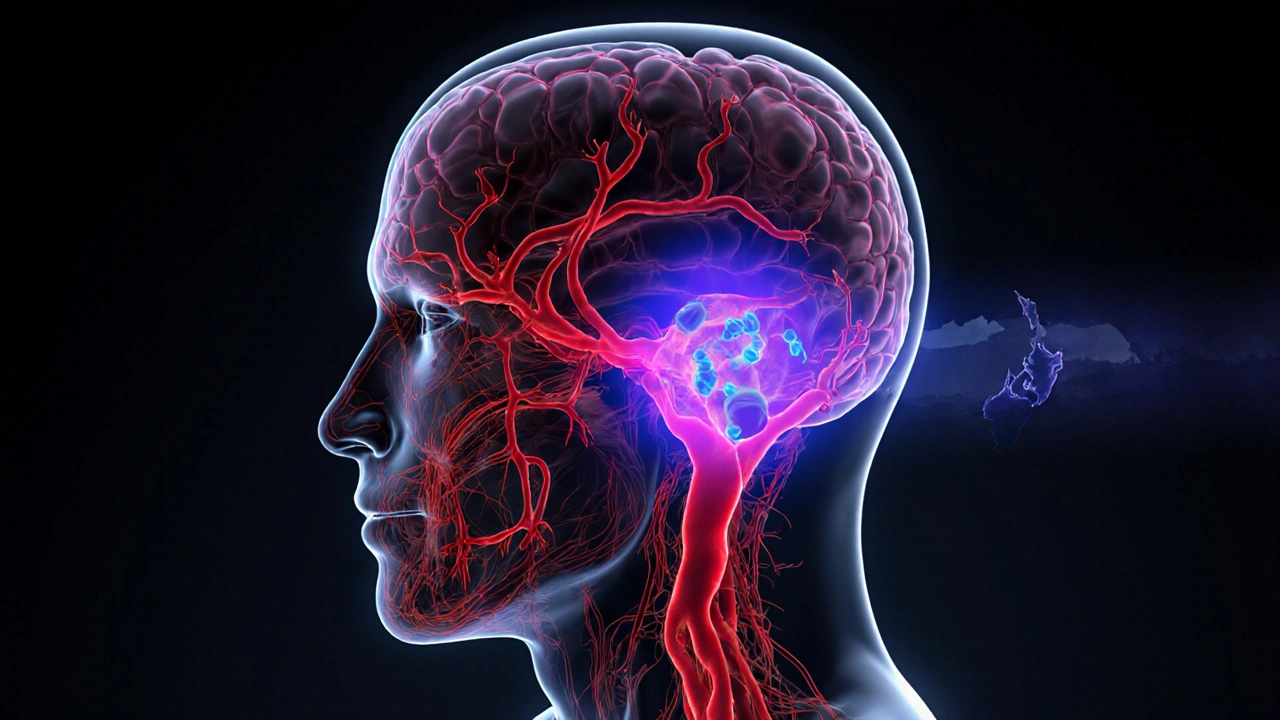 Illustration of brain vessels constricting as rizatriptan targets receptors.