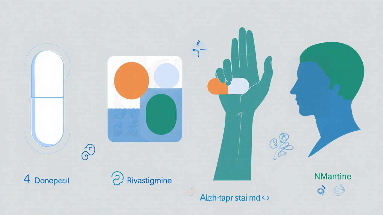 Illustration of four Alzheimer’s drugs with side‑effect icons around each.