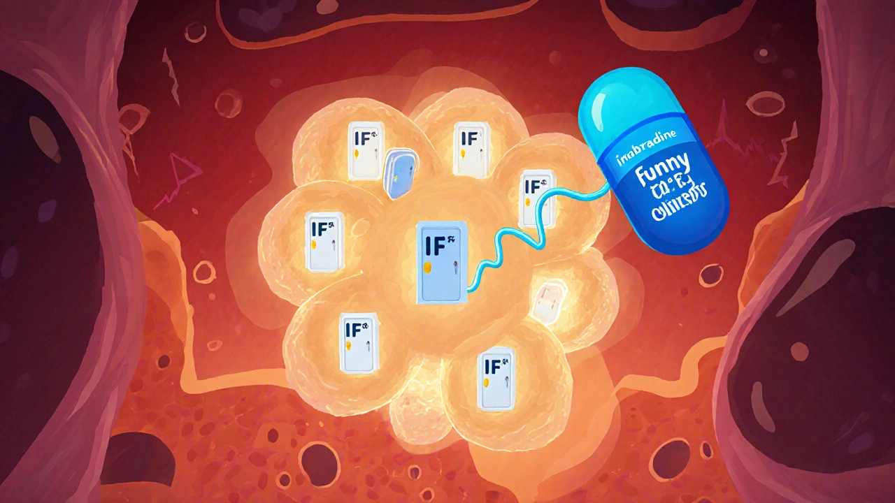 Illustration of ivabradine blocking the funny current in the heart&#039;s SA node.