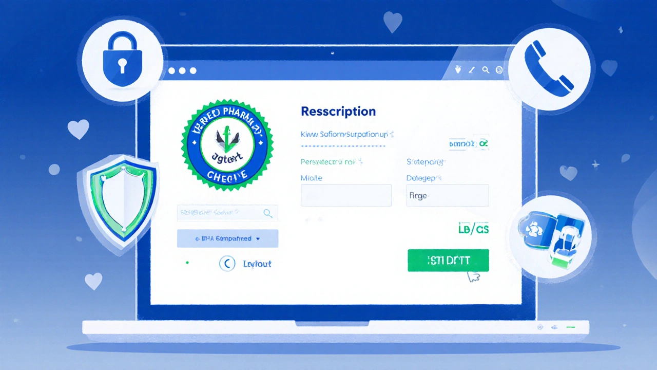 Laptop screen showing a pharmacy checkout page with seal, prescription upload icon, and tracking bar, surrounded by safety icons.