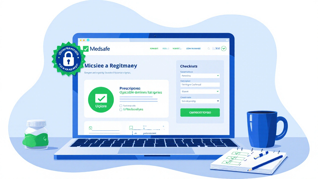 Laptop screen showing a secure pharmacy site with Medsafe badge and checklist.