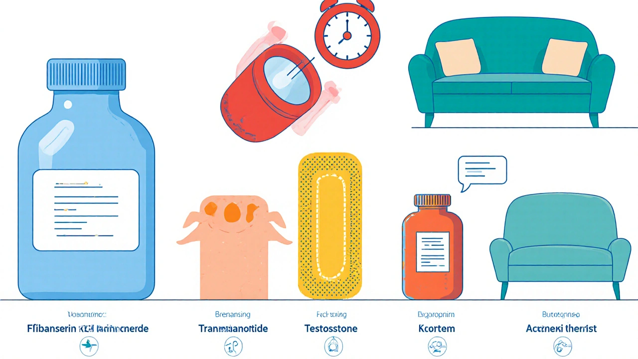 Lineup of five low desire treatments with icons for side effects.