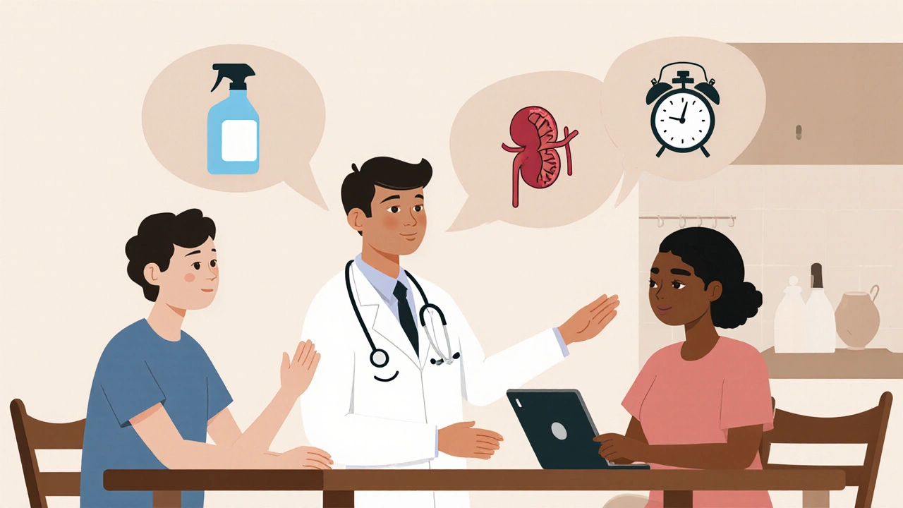 Parent and doctor discussing bedwetting treatment options with icons of spray, tablet, and alarm.