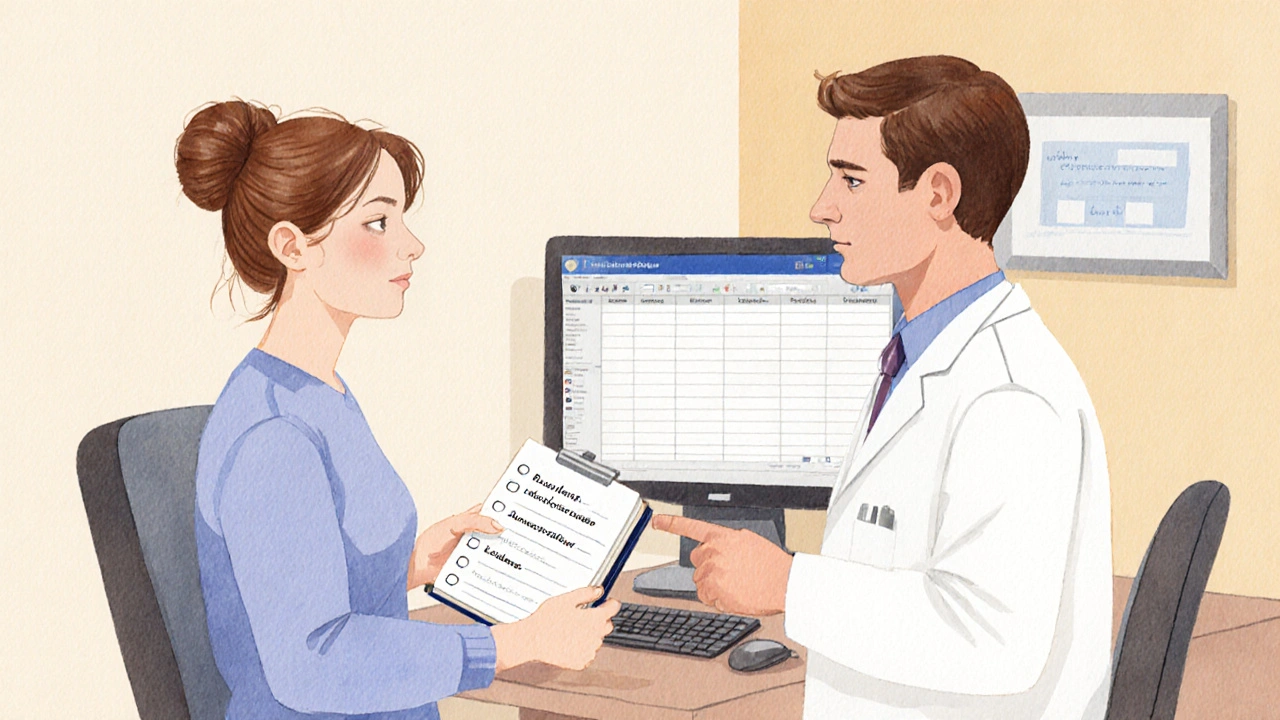 Patient and doctor discuss a health diary in a bright exam room, showing compassionate communication.