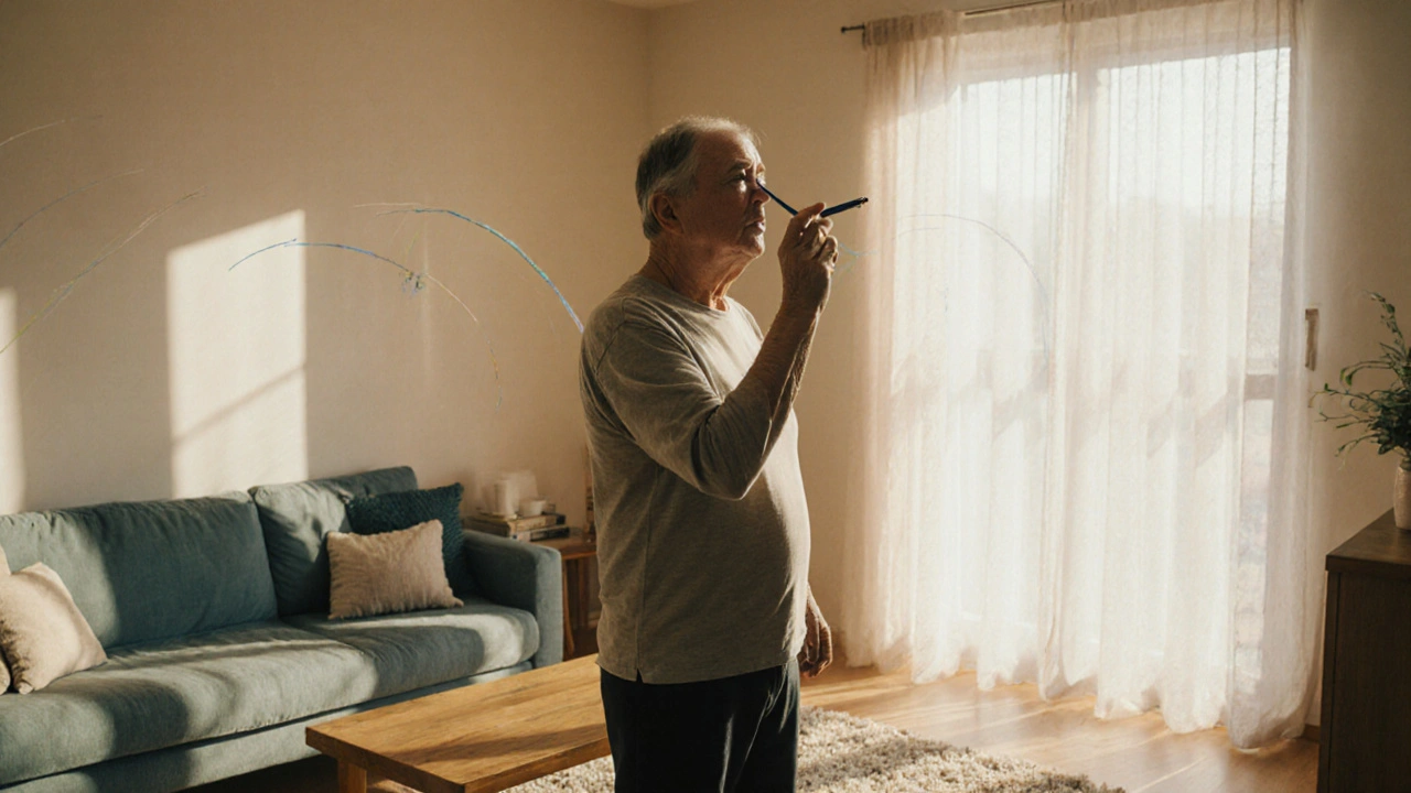 Person doing head‑turn gaze stabilization exercise at home.