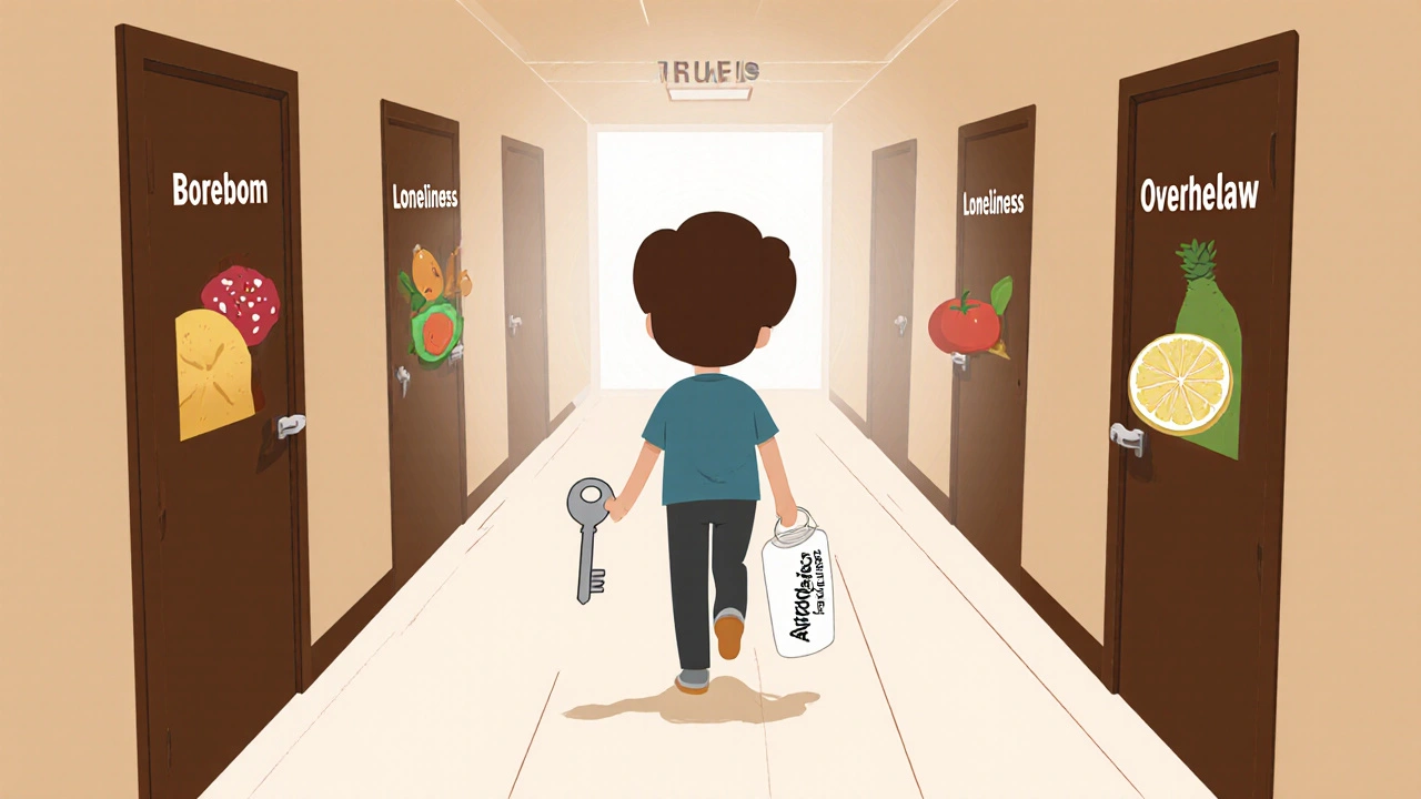 Person walking past doors of emotional triggers, holding a key labeled &#039;Atomoxetine&#039; toward a &#039;Choice&#039; doorway.