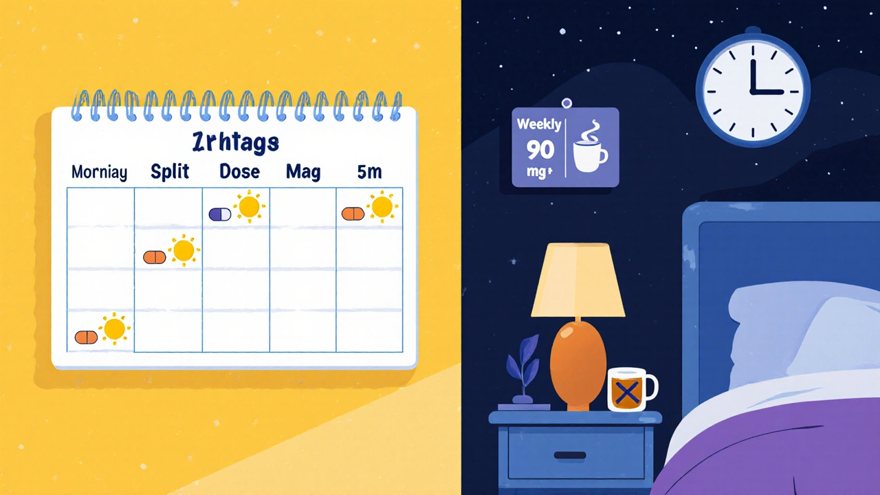 Planner shows morning, split, and weekly fluoxetine doses alongside bedtime routine icons.