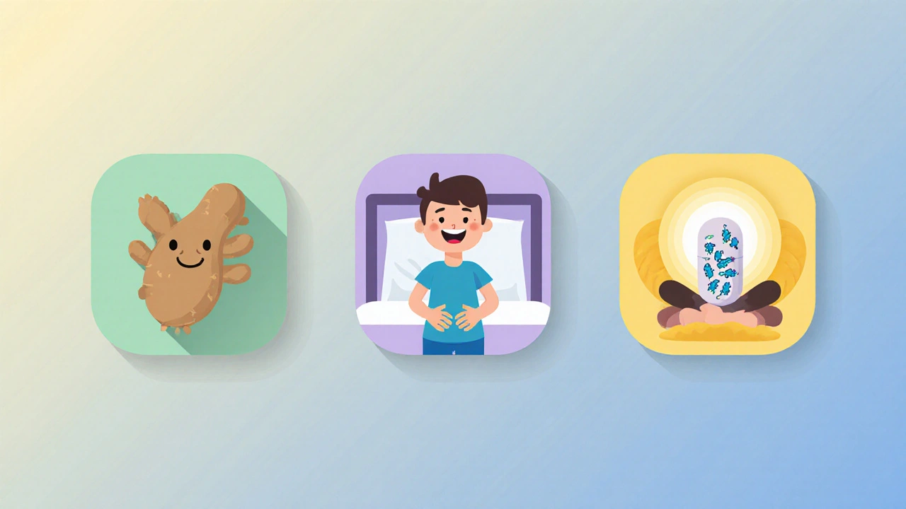 Poster of five flat cartoon icons: ginger, breathing, elevated bed, probiotic capsule, and yoga.