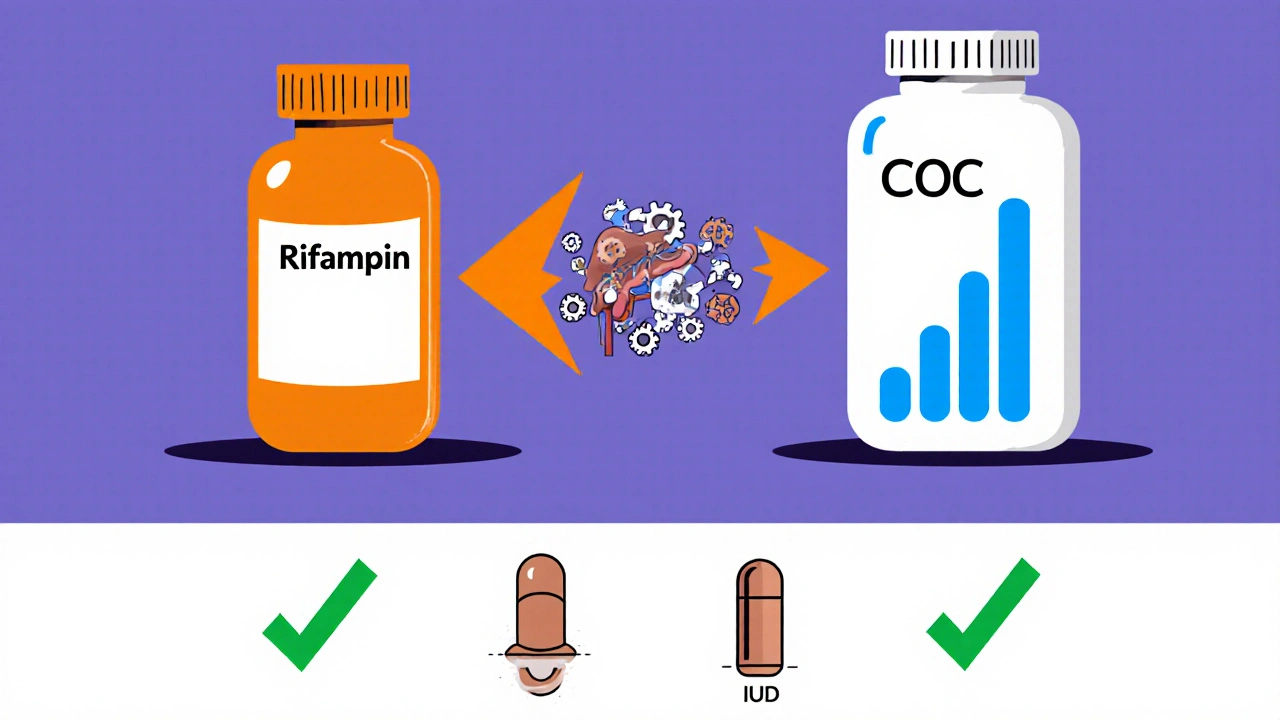 Rifampin bottle sending arrows to liver enzymes, showing reduced hormone levels and backup method icons.
