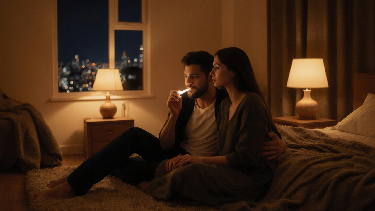 Romantic bedroom scene showing a man taking a sublingual tablet discreetly.