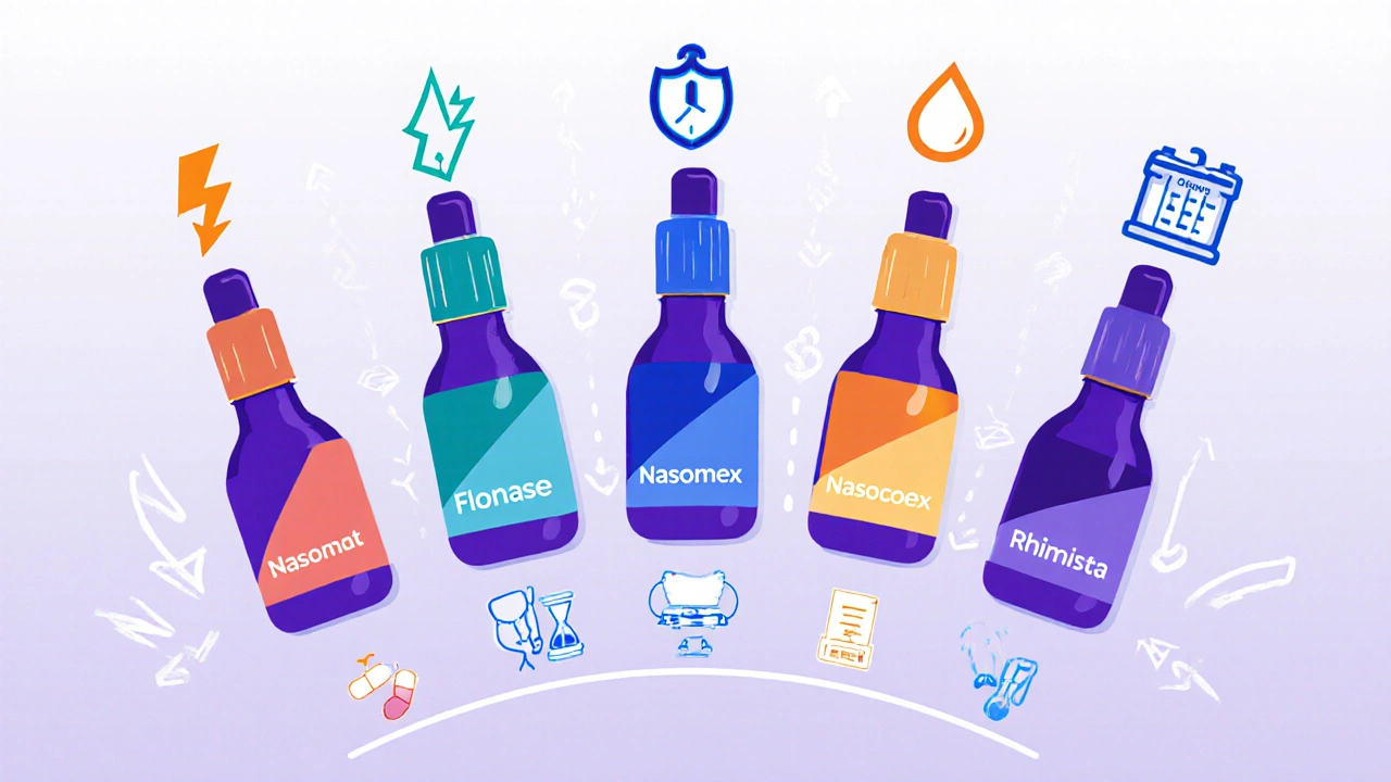 Row of colorful cartoon nasal spray bottles with icons for speed, anti‑inflammation, and saline.