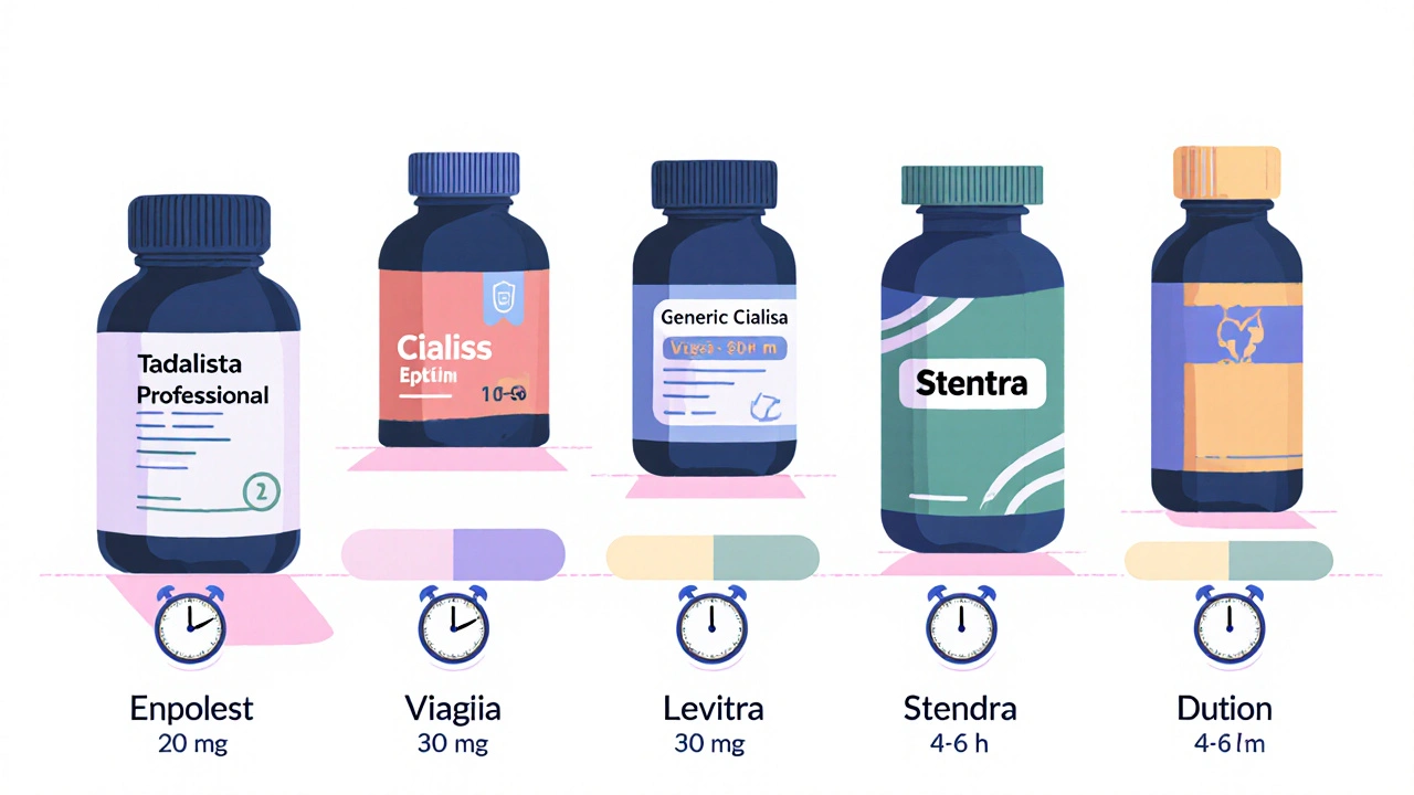 Row of pill bottles with clocks showing onset and duration for various ED meds.
