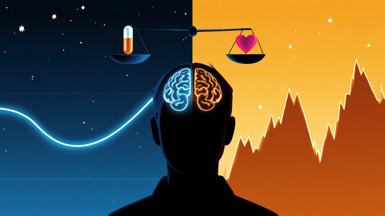 Silhouette of a night‑shift worker split between calm armodafinil glow and jagged stimulant spikes, with floating scales.