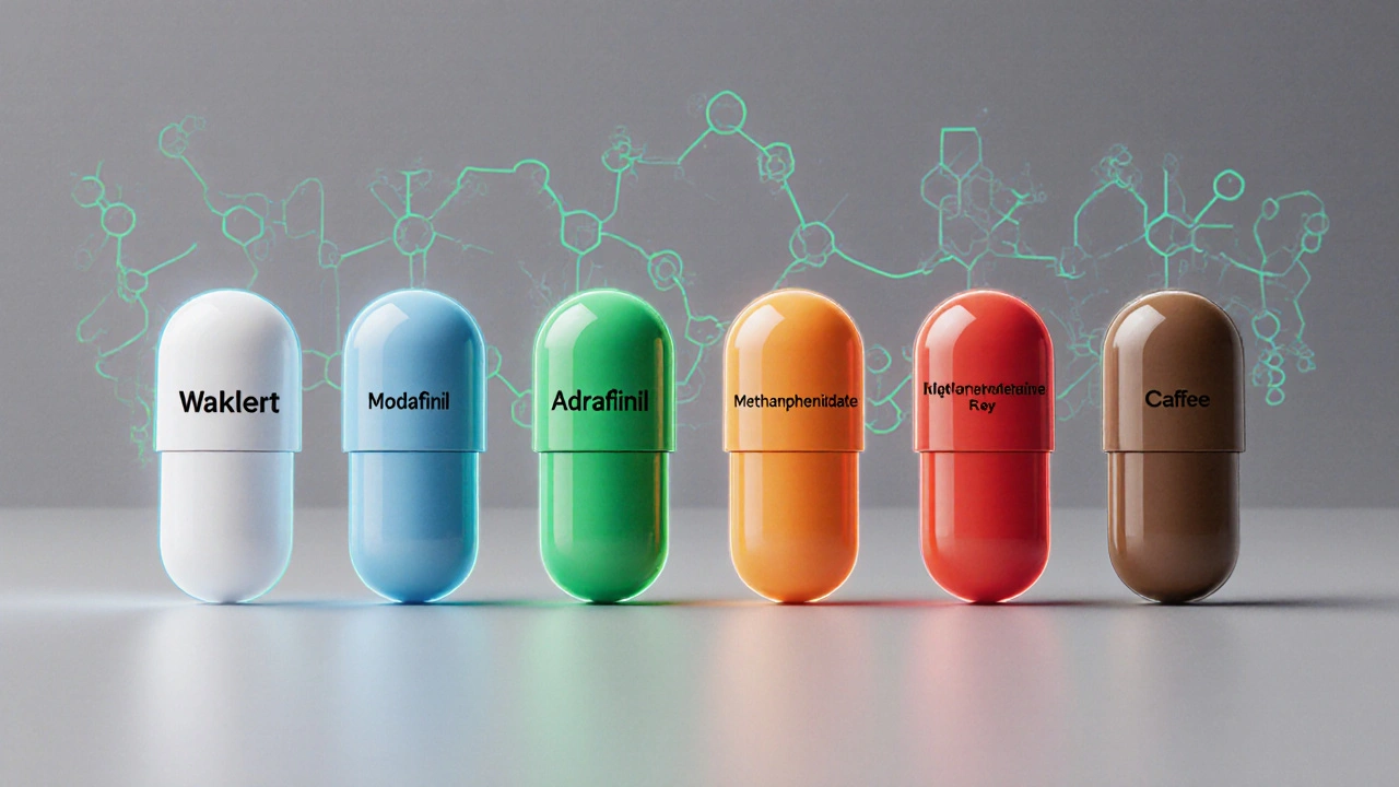 Six colored pills representing different wake‑promoting drugs placed on a neutral surface.