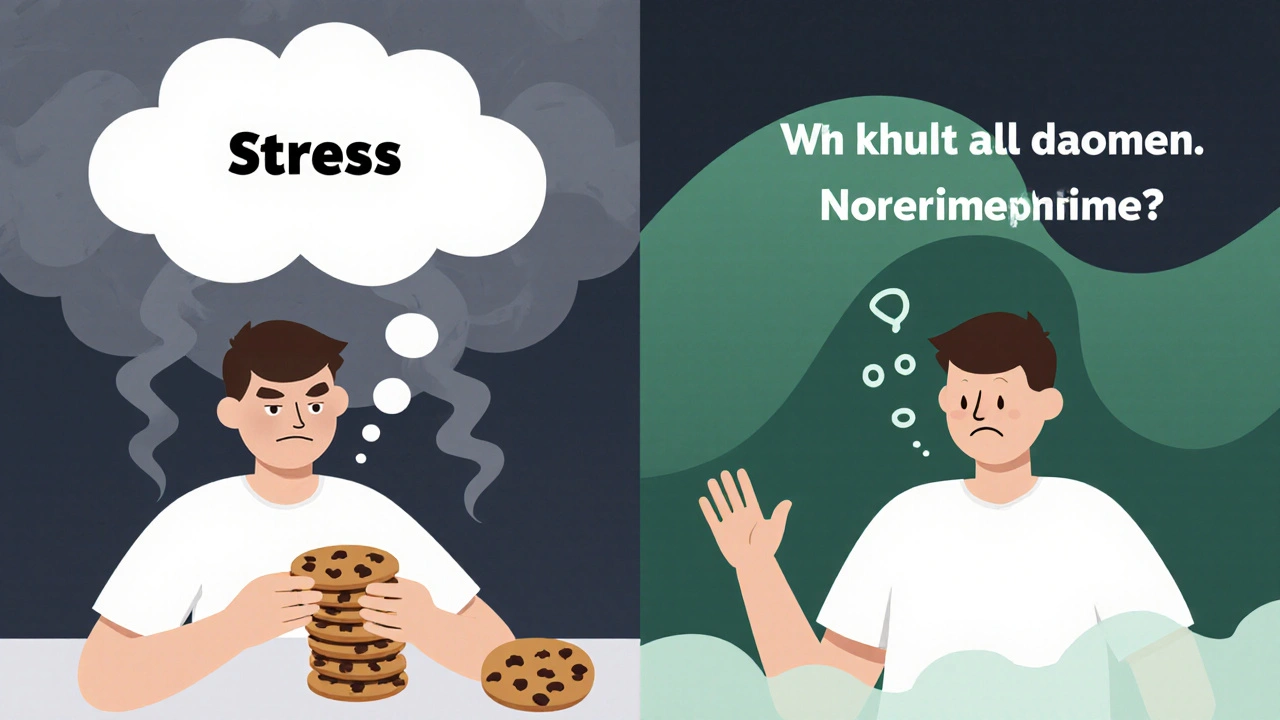Split scene: person impulsively eating vs. pausing calmly, with emotional storm calmed by norepinephrine.