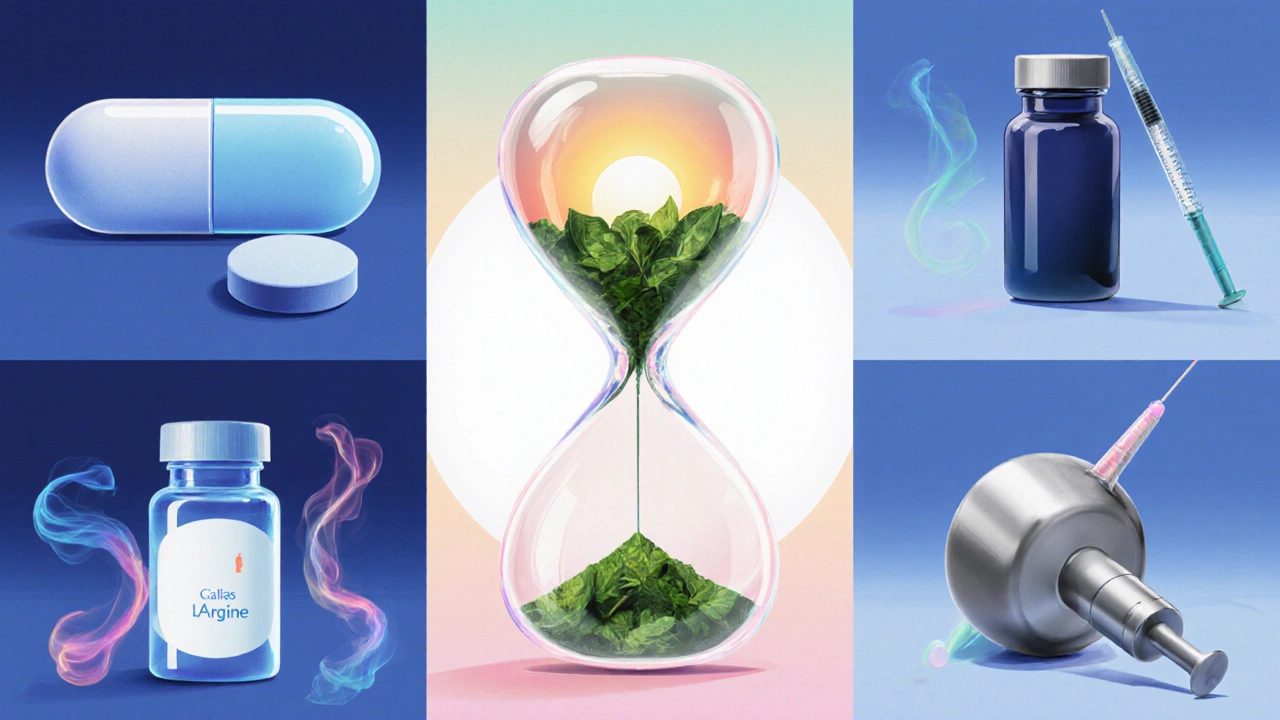 Split-screen illustration of various ED treatments around an hourglass.
