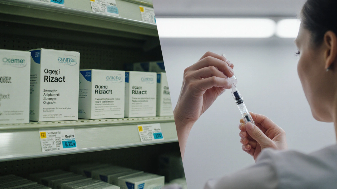 Split view of NZ pharmacy shelves with Rizact and a clinic injection of CGRP antibody.