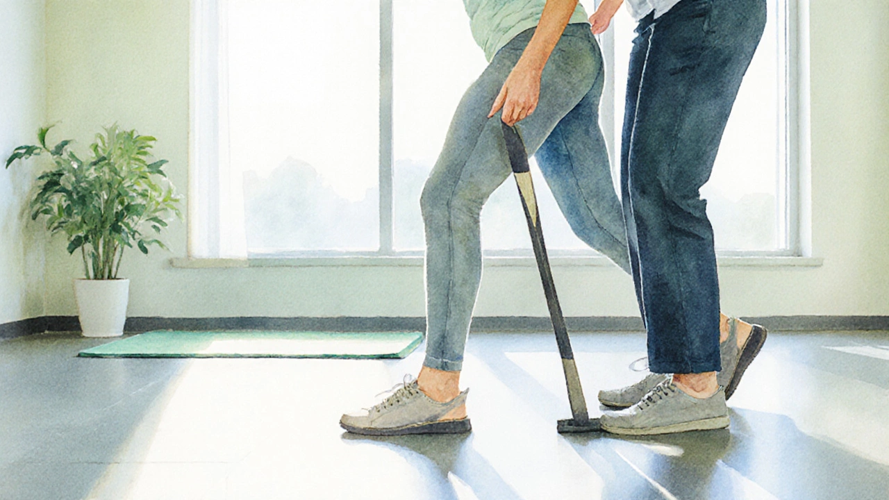 Therapist assisting patient with side‑stepping resistance band exercise.