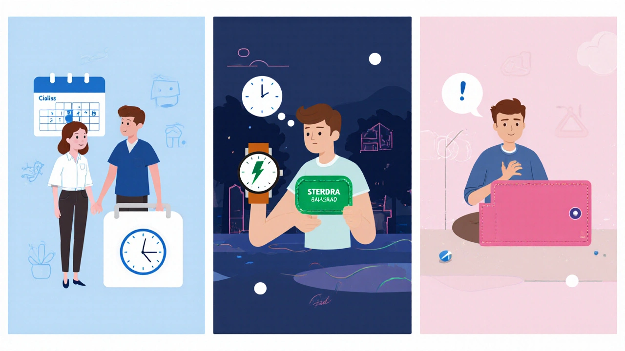 Three cartoon panels showing weekend Cialis, quick‑onset Stendra, and low‑dose generic sildenafil scenarios.