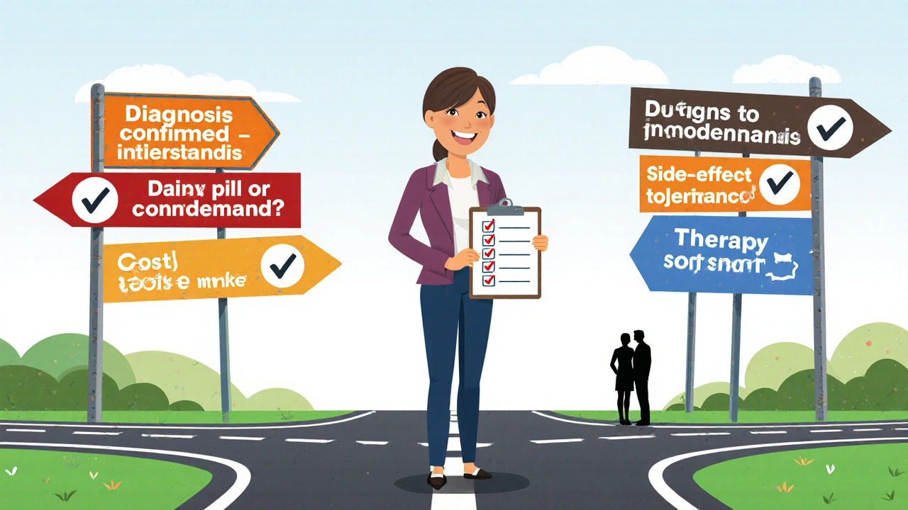 Woman at crossroads with checklist signs deciding best treatment.