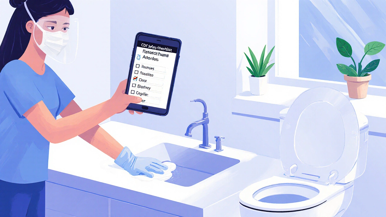 A caregiver cleans a bathroom sink after chemo use, with a diary and CDC checklist nearby, symbolizing safe home treatment.