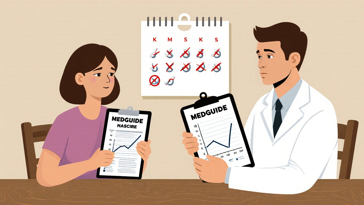 A doctor and parent discuss a prescription at a kitchen table, with a black-bordered warning pamphlet and rising suicide rate graph visible.