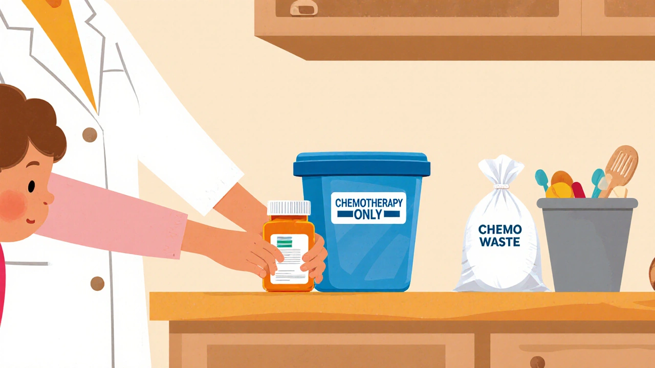 A parent stops a child from reaching for an unsecured chemo pill bottle in the kitchen, with separate fridge storage visible.