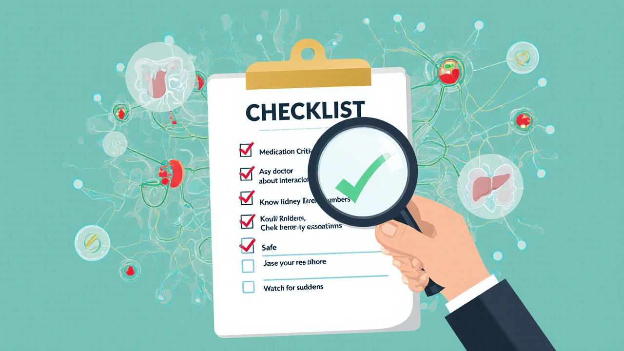 A person reviewing medications with a checklist, surrounded by healthy organ connections in safe colors.