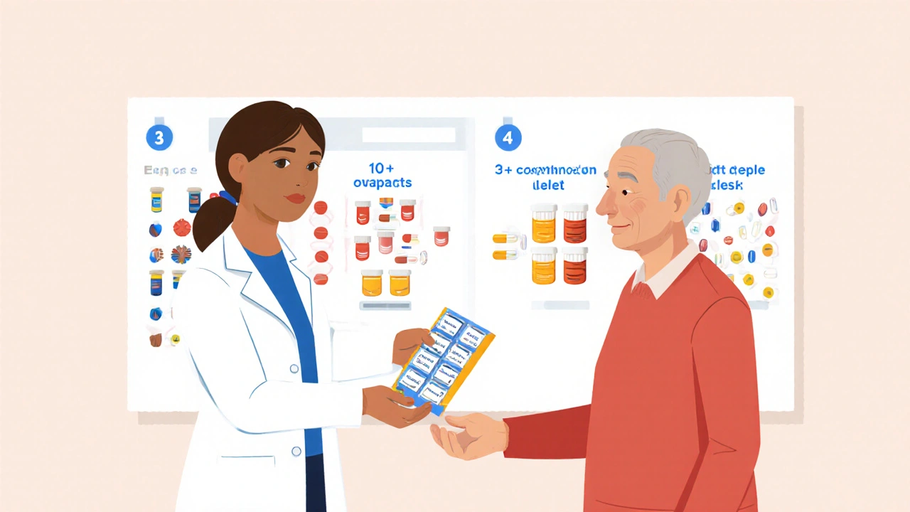 A pharmacist gives a pill organizer to an older patient, showing simplified medication options.