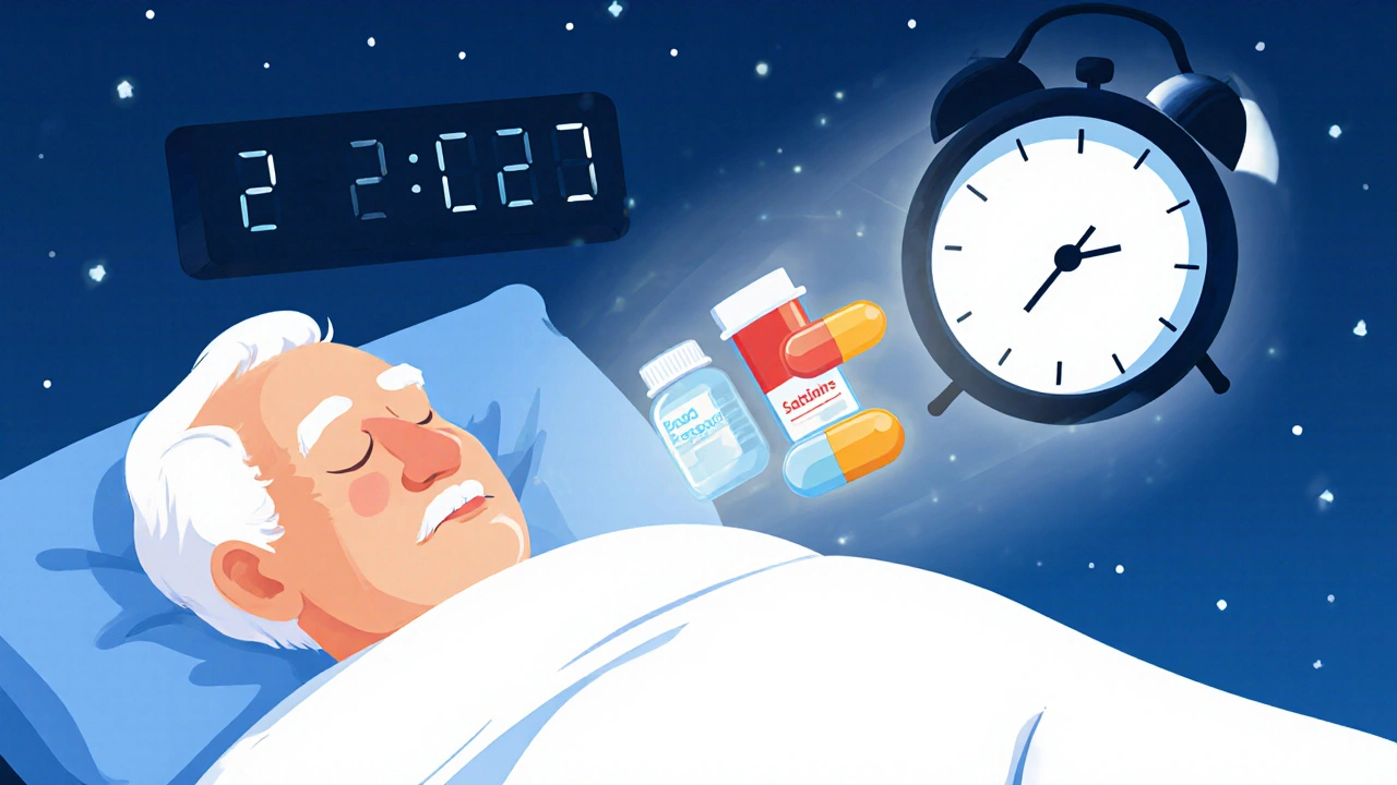 A senior sleeps peacefully as a glowing polypill floats above them, symbolizing reduced medication burden.