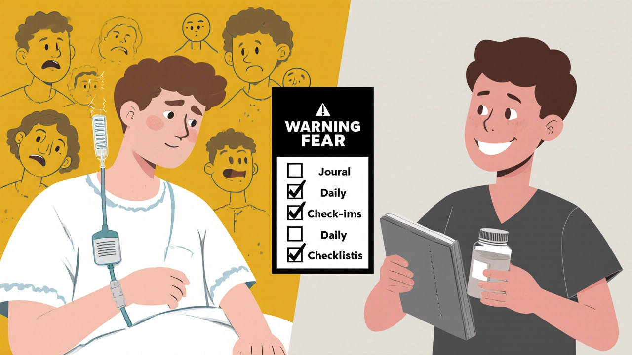 A split image shows a teen in crisis on one side and stabilized on the other, with a fading black box warning between them.